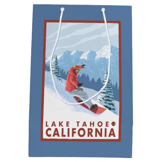 スノーボーダー場面-タホ湖、カリフォルニア ミディアムペーパーバッグ (裏面)