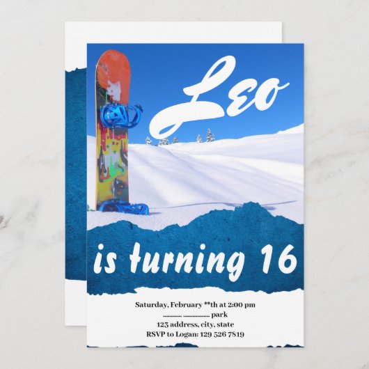 スノーボーディングウィンタースポーツ誕生日招待状 招待状 (正面/裏面)