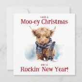 スノーボーディングハイランド牛のクリスマスフォト シーズンカード (正面)