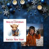 スノーボーディングハイランド牛のクリスマスフォト シーズンカード