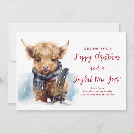 スノーボーディングハイランド牛クリスマスフォトカード シーズンカード (正面)