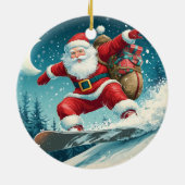 スノーボードでクリスマスプレゼントを届けるサンタ セラミックオーナメント (裏面)