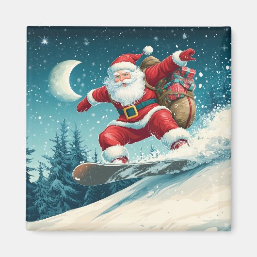 スノーボードでクリスマスプレゼントを届けるサンタ マグネット (正面)