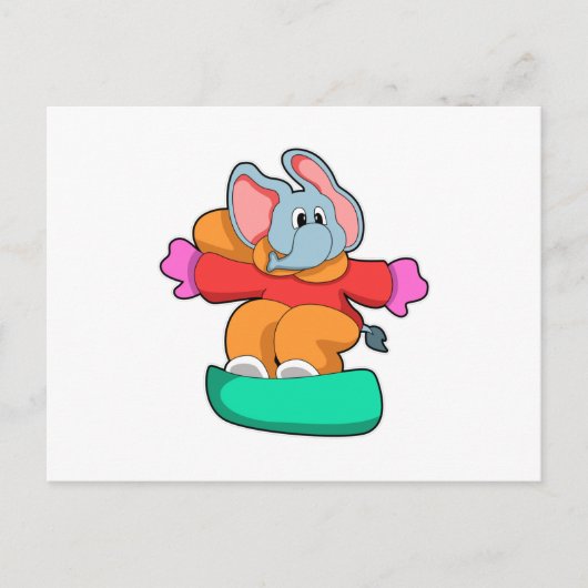 スノーボードとスノーボーディングをする象 ポストカード (正面)