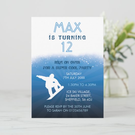 スノーボードのテーマの誕生日のパーティの招待状 招待状 (スタンド正面)
