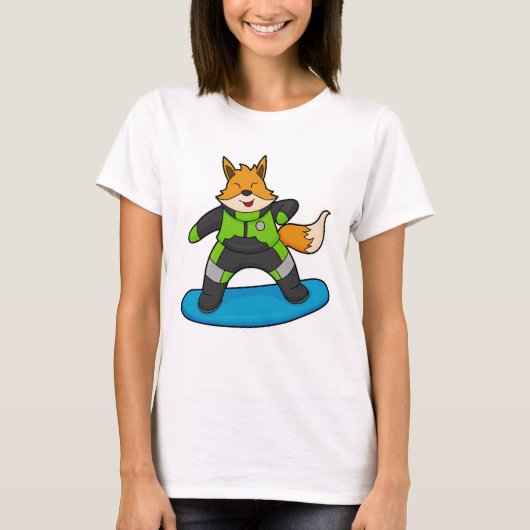 スノーボードをするキツネとスノーボード Tシャツ (正面)