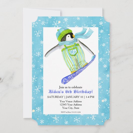スノーボードペンギン誕生日パーティースノーボードスノーボード 招待状 (正面)