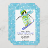スノーボードペンギン誕生日パーティースノーボードスノーボード 招待状 (正面/裏面)
