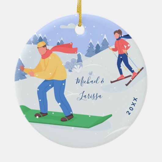スノーボード&スキーエクストリームウィンタースポーツカップル セラミックオーナメント (裏面)