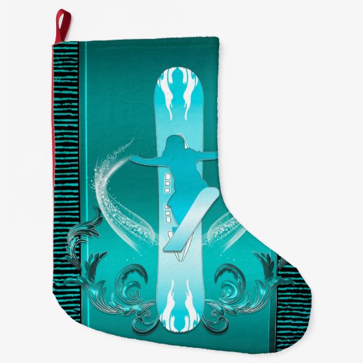 スノーボード、花の要素を持つスノーボーダー ラージクリスマスストッキング (正面)