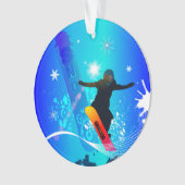スノーボード、青いbackgの板を持つスノーボーダー オーナメント (正面)
