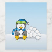 スノーボールを持って座っている小さなペンギン ワインラベル (シングルラベル)