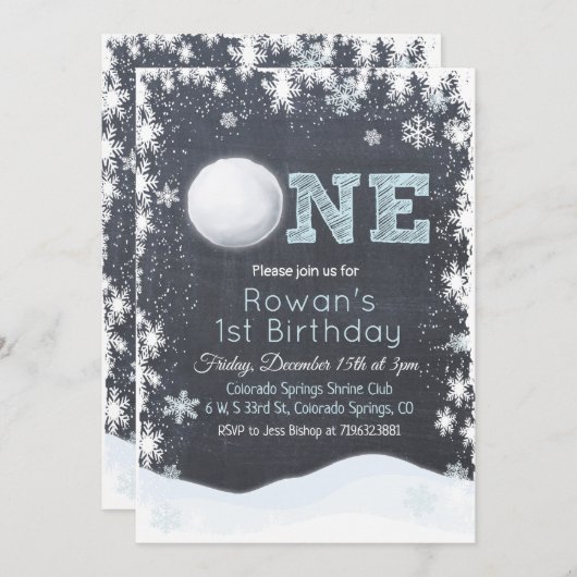 スノーボールウィンターボーイファーストファースト誕生日招待状 招待状 (正面/裏面)