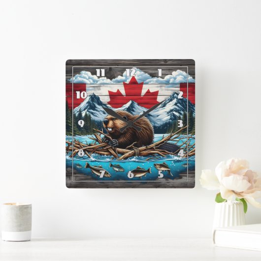 スノーマウンテンビーバーカナダプライド スクエア壁時計 (ホーム)