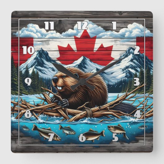 スノーマウンテンビーバーカナダプライド スクエア壁時計 (正面)