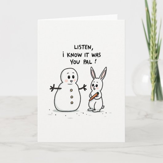 スノーマンとウサギの面白いニンジンカード カード (正面)