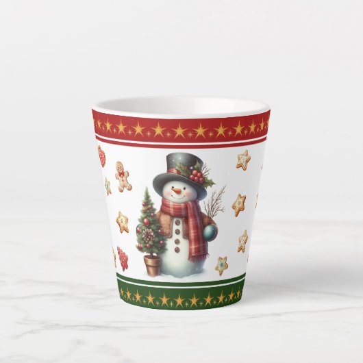 スノーマンとクリスマスクッキーのあるスモールラテマグ カフェラテマグ (正面)