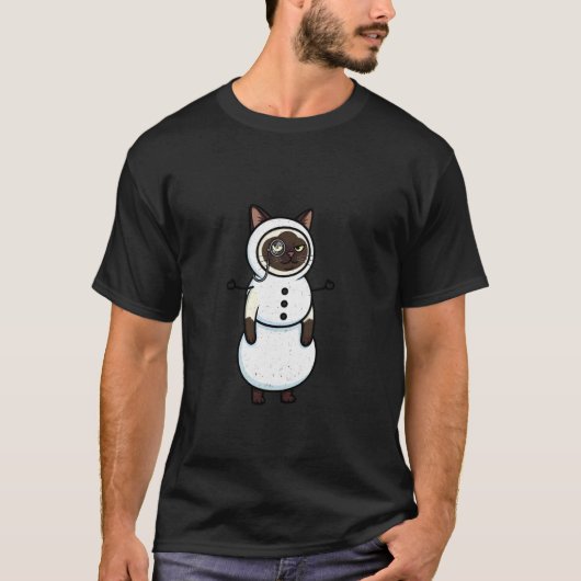 スノーマンの格好をした面白いシャム猫 Tシャツ (正面)