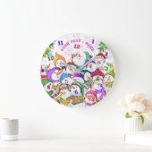 スノーマンパーティークリスマスカスタム時計文字名 ラージ壁時計 (ホーム)