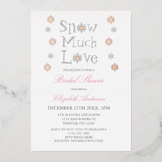 スノーマージャーラブスノーフレークウィンターブライダルシャワー 箔招待状 (正面)