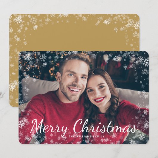 スノーメリークリスマスフォトゴールドホリデーカード (正面/裏面)