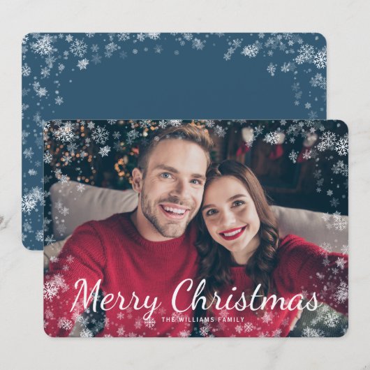 スノーメリークリスマスフォトブルー ホリデーカード (正面/裏面)
