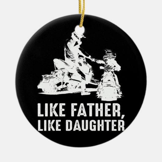 スノーモービルのような父のような娘のバイクもしくは自転車に乗る人父 セラミックオーナメント (正面)