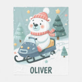 スノーモービルを運転するかわいいホッキョクグマパーソナライズされた フリースブランケット (正面)