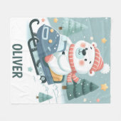 スノーモービルを運転するかわいいホッキョクグマパーソナライズされた フリースブランケット (正面(横))