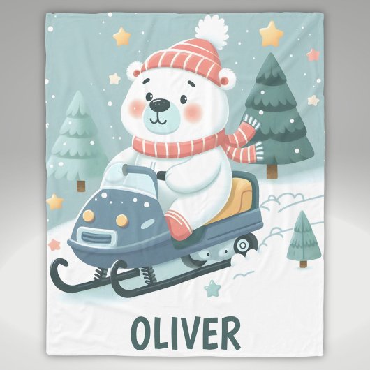 スノーモービルを運転するかわいいホッキョクグマパーソナライズされた フリースブランケット