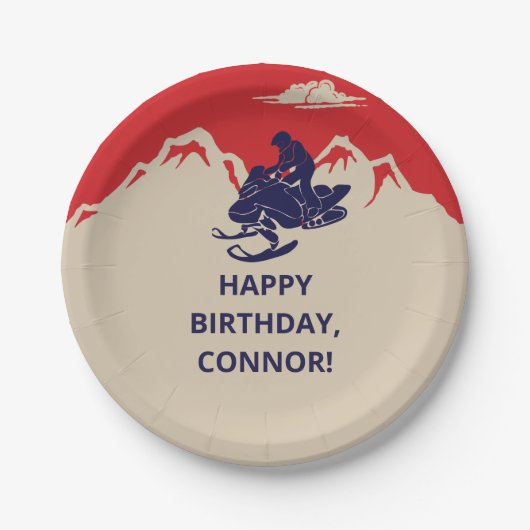 スノーモービル冬をテーマにした男の子の誕生日パーティー ペーパープレート (正面)