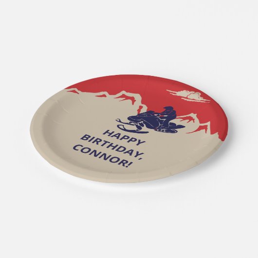 スノーモービル冬をテーマにした男の子の誕生日パーティー ペーパープレート (アングル)