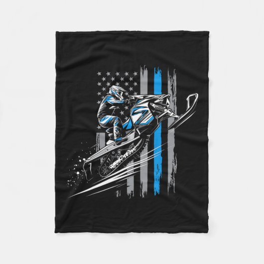 スノーモービル米国国旗ウィンタースポーツスノーモービルリジン フリースブランケット (正面)