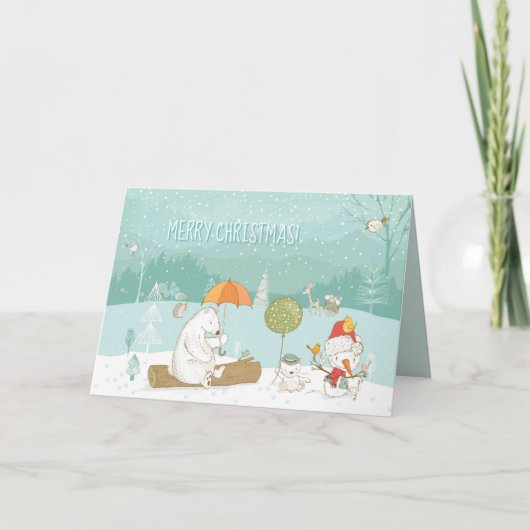 スノーランドスケープベアーズアンド雪だるまパステル シーズンカード (正面)