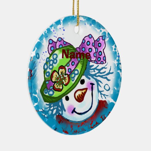 スノーレディ雪だるま名前をカスタムするオーナメント セラミックオーナメント (右)