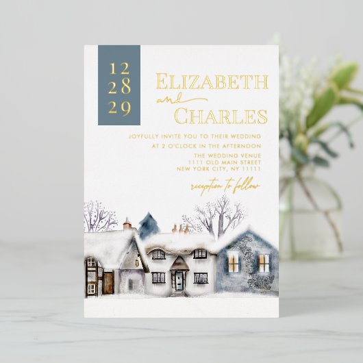 スノーヴィレッジタウンお洒落結婚ズ 箔招待状 (立ち正面)