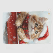 スノー・クリスマスのそりの中のペルシャ猫 ゴルフタオル (横)