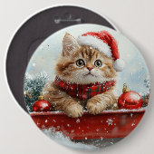 スノー・クリスマスのそりの中のペルシャ猫 缶バッジ (正面&裏面)
