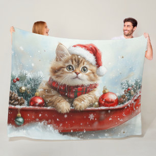 スノー・クリスマスを楽しむそりの中のペルシャ猫 フリースブランケット