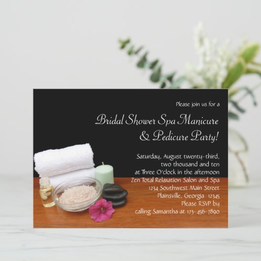 スパかマッサージまたはペディキュアのサロン場面黒または色 招待状 (スタンド正面)