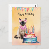 スパで誕生日ケーキを持つシャム猫 ポストカード (正面/裏面)
