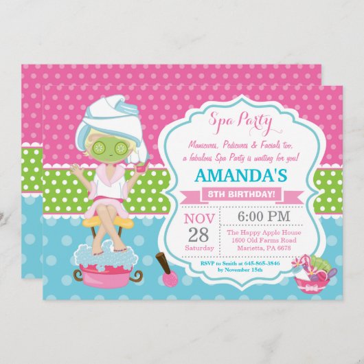スパのお泊まりの誕生日パーティーの招待 招待状 (正面/裏面)