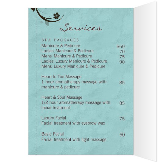 スパのサロンのパンフレットの挨拶状の水を含んだ青 (内側 (左))