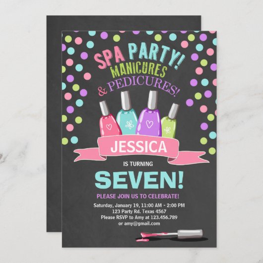 スパの誕生日の招待はサロンのピンクのチョークの手入れをします 招待状 (正面/裏面)