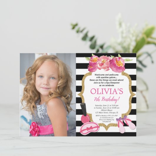 スパのSleepoverの誕生会の花柄の写真 招待状 (スタンド正面)