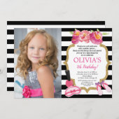 スパのSleepoverの誕生会の花柄の写真 招待状 (正面/裏面)