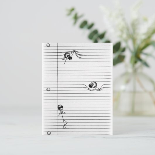 スパイとスパイのスティックフィギュアスケッチを線に貼り付ける ポストカード (スタンド正面)