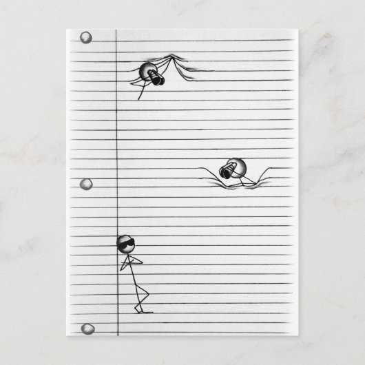 スパイとスパイのスティックフィギュアスケッチを線に貼り付ける ポストカード (正面)