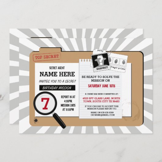 スパイの誕生日の探偵の代表団の招待 招待状 (正面/裏面)