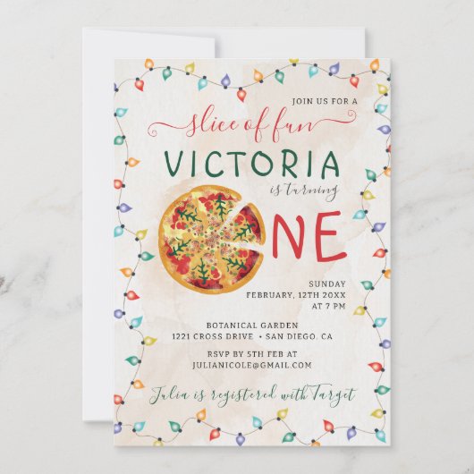 スパイシーおもしろいスライスピザBBQフォトファースト誕生日 招待状 (正面)